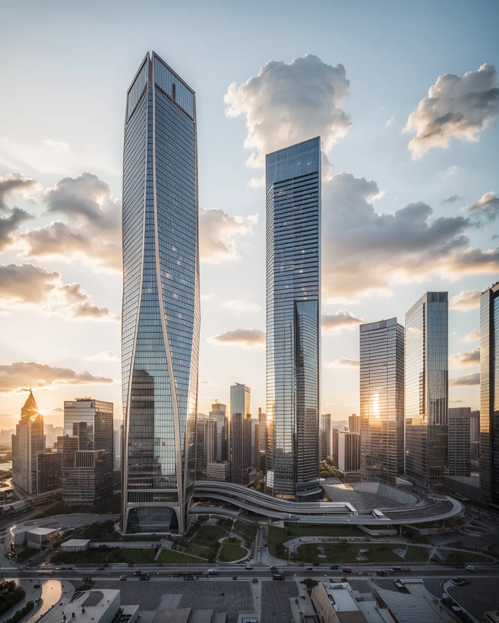 Twin towers at sunset