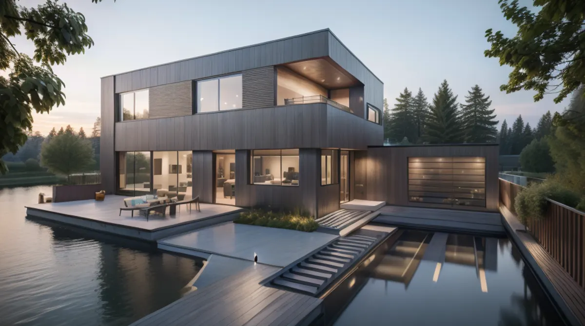 House on the water at dusk